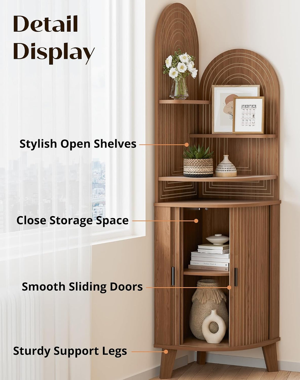 Small Corner Cabinet with Sliding Door and Storage, Tall Corner Bathroom Cabinet for Kitchen, Living Room, Corner Shelf Display Storage Cabinet, Walnut