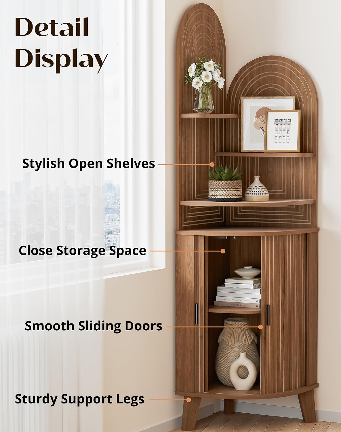 Small Corner Cabinet with Sliding Door and Storage, Tall Corner Bathroom Cabinet for Kitchen, Living Room, Corner Shelf Display Storage Cabinet, Walnut