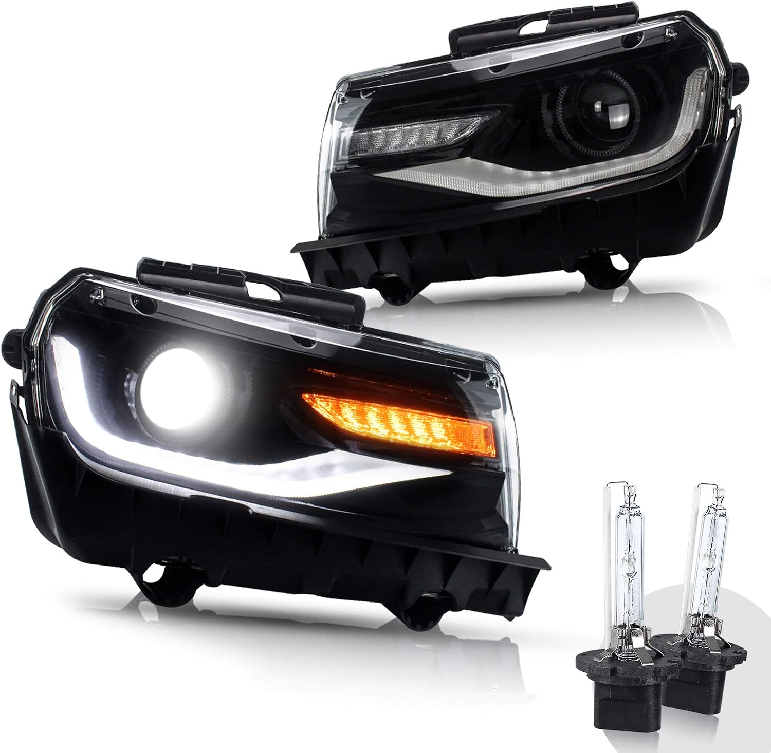 VLAND Projector LED Headlights & D2H Xenon Bulbs Compatible for [Chevy Camaro 5th Gen 2014 2015] with Sequential Turn Signal, Dual Beam Lens, Full LED DRL Bars YAA-CMR-0285 (Driver & Passenger Sides)