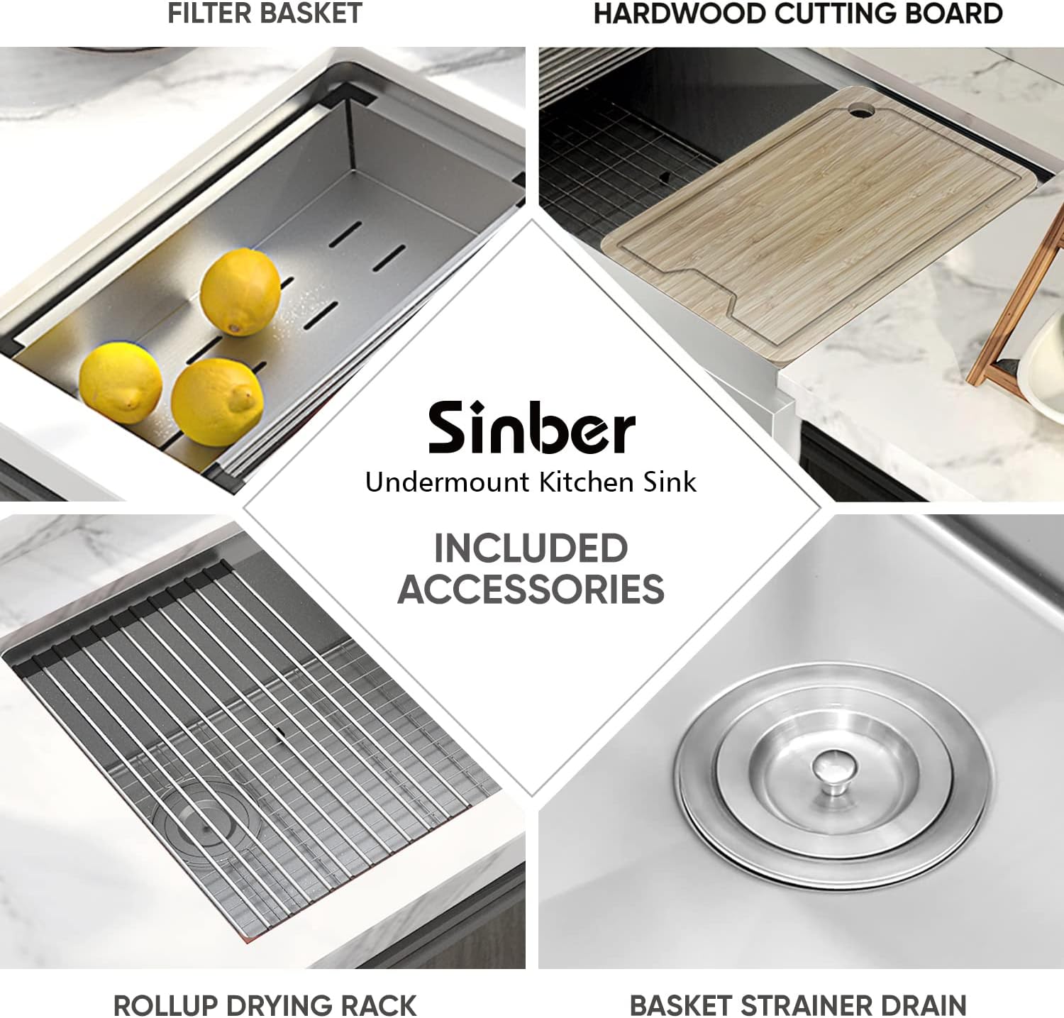 Sinber KSS0001S-OK 32' x 19' x 10' Undermount Single Bowl Workstation Kitchen Sink with 16 Gauge 304 Stainless Steel Satin Finish 6 Accessories