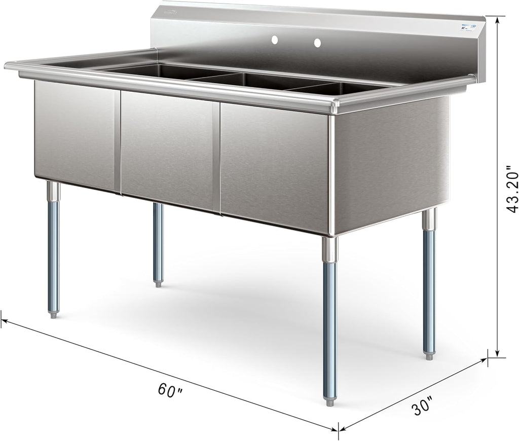 KoolMore 60 in. Three Compartment Commercial Sink, Bowl Size 18x24x14 in 18-Gauge Stainless-Steel, NSF Listed (KM-SC182414-N3)