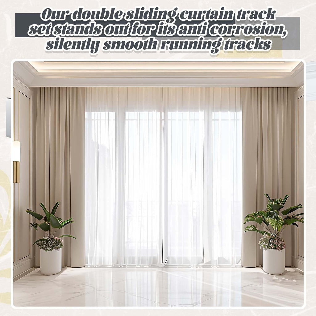 Juexica Ceiling Curtain Double Track Set 3ft-16.4ft/5 Meter White Double Curtain Track Ceiling Mount Heavy Duty Room Divider Adjustable Length Rails with Clips Hooks End Hook