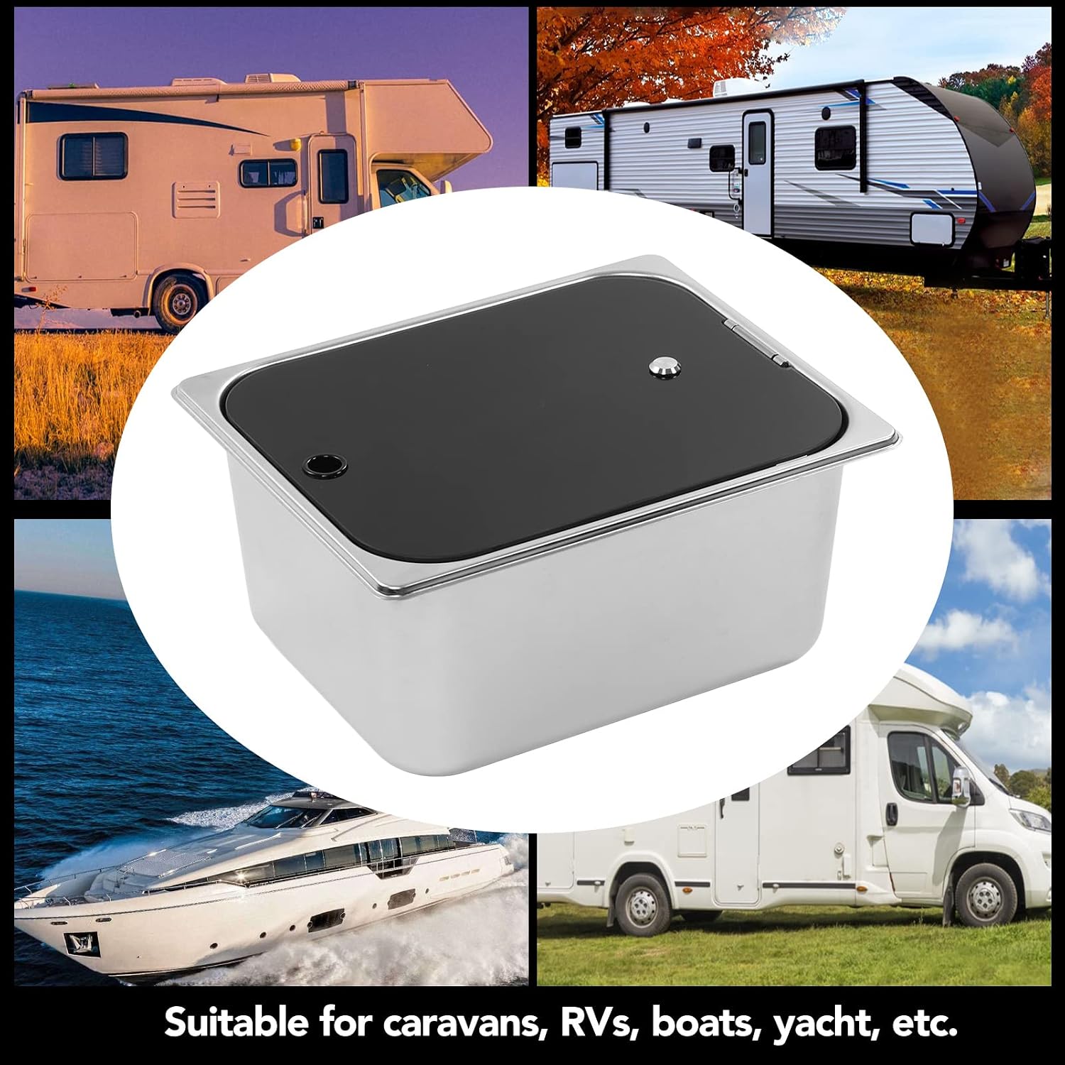 RV Kitchen Sink, Stainless Steel Single Bowl Hand Wash Basin with Tempered Glass Cover, Square Undermount Single Bowl Kitchen Sink for Camper Van Yacht