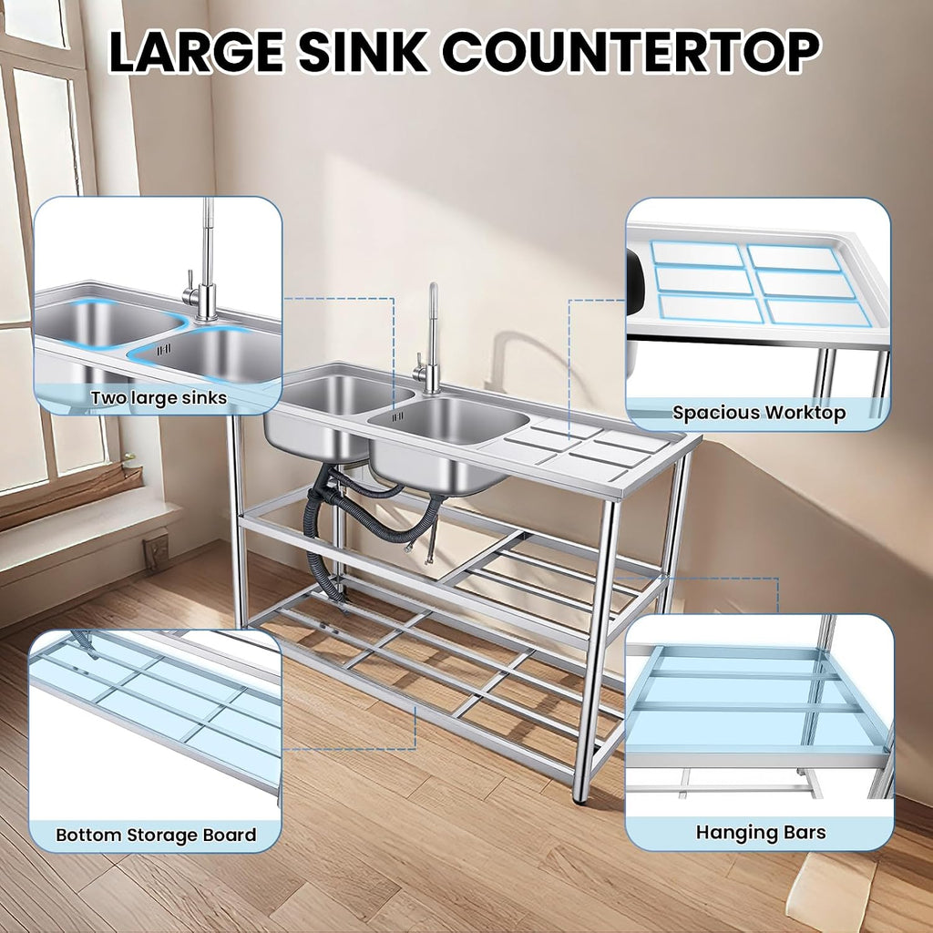 Stainless Steel Commercial Sink with Double Bowls, with 360° Rotation Faucets, Pipe, Workbench, 2-Tier with Storage Shelves Stainless Steel Utility Sink, Freestanding Portable Sink for Home/Restaurant