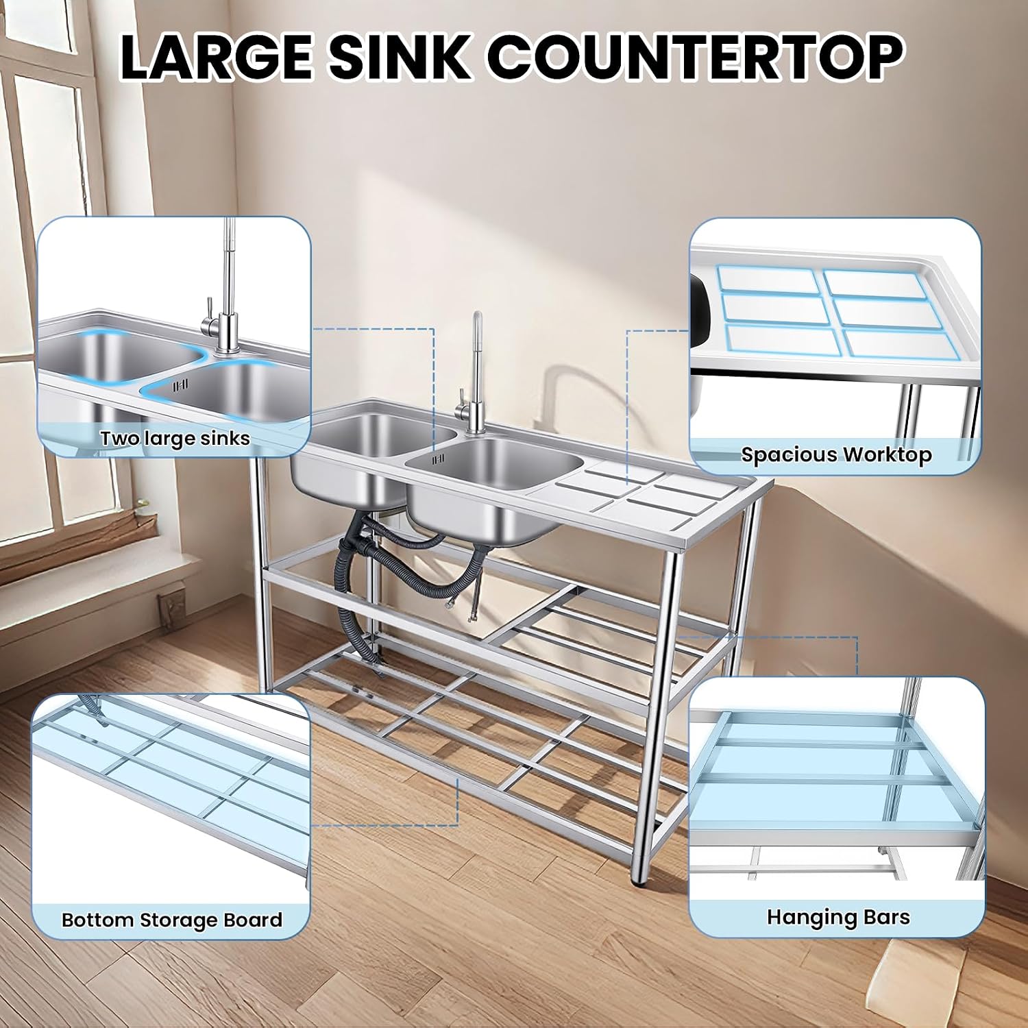 Stainless Steel Commercial Sink with Double Bowls, with 360° Rotation Faucets, Pipe, Workbench, 2-Tier with Storage Shelves Stainless Steel Utility Sink, Freestanding Portable Sink for Home/Restaurant
