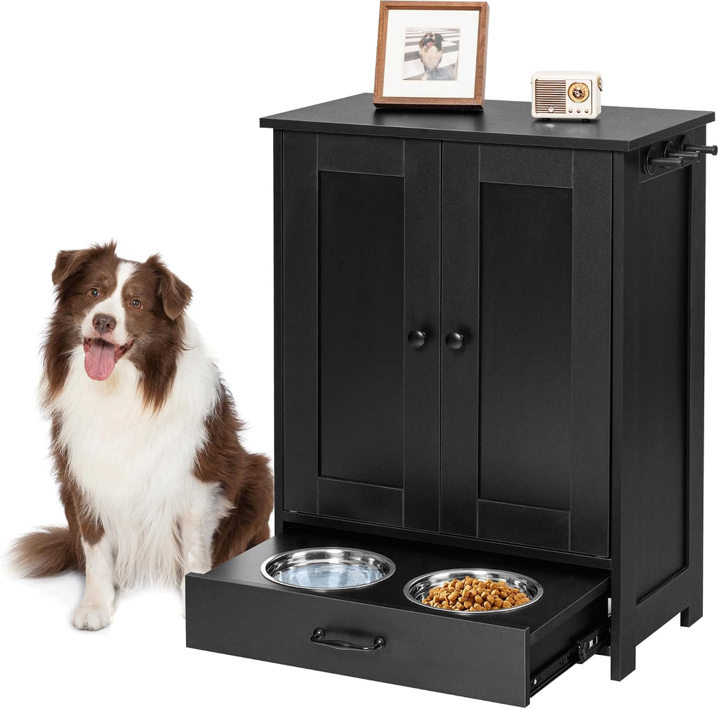 ALINE FURNITURE Dog Feeding Station with Storage Cabinet and 2 Elevated Dog Bowls, Hidden Pet Feeder Station Wood, Dog & Cat Storage Organizer, Black