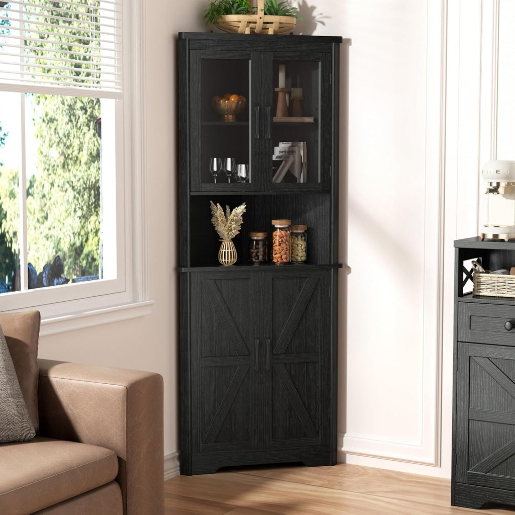 67''H Black Tall Farmhouse Corner Storage Cabinet with 4 Tempered Glass Doors and Barn Doors, Narrow Bathroom Cabinet with 2 Adjustable Shelves, Corner Hutch for Kitchen, Dining Living Room