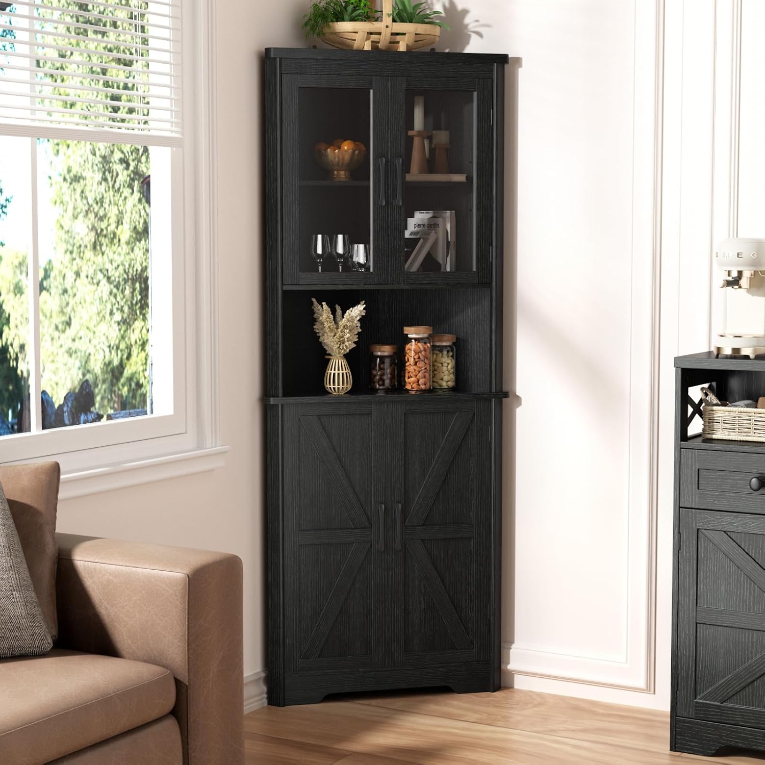 67''H Black Tall Farmhouse Corner Storage Cabinet with 4 Tempered Glass Doors and Barn Doors, Narrow Bathroom Cabinet with 2 Adjustable Shelves, Corner Hutch for Kitchen, Dining Living Room