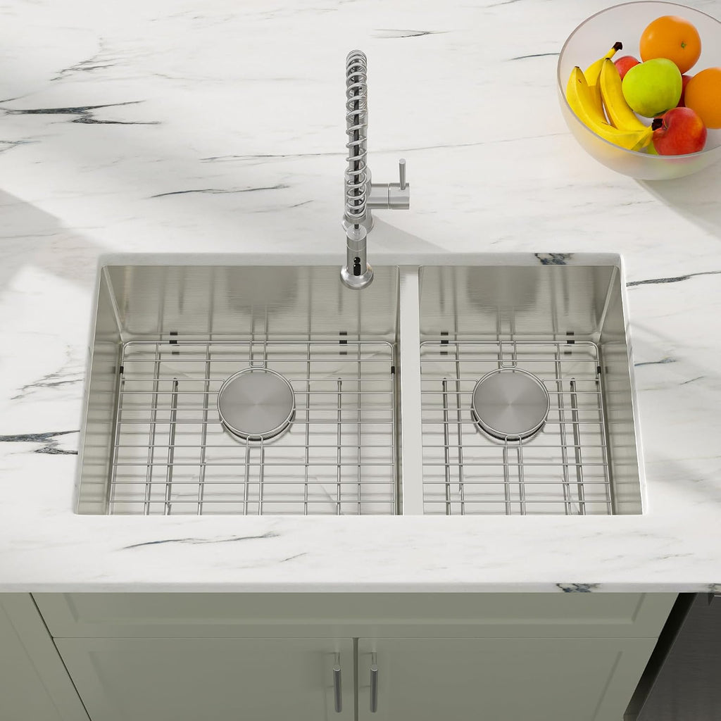 Dcolora 33 Inch Undermount Double Bowl Kitchen Sink 60/40 Split 16 Gauge 304 Stainless Steel Large Double Sinks, 33'x19'x10 Rounder Corner, DC-U7730