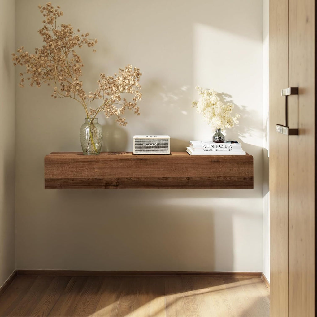 Floating Solid Wood Console Table, 47'' Wall Mounted Narrow Entryway Table with Storage Shelf, Modern Couch Shelves Small Entry Way Tables for Entryway, Front Hall, Hallway (Walnut, 47.24IN)