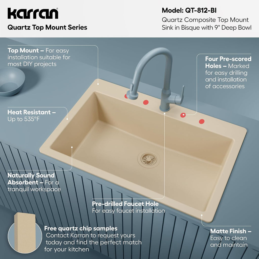 Karran 33' Drop-In Top Mount Quartz Composite Single Bowl Kitchen Sink in Bisque – Extra Deep 9' Basin, Heat Resistant, Sound Dampening, Easy Clean Surface