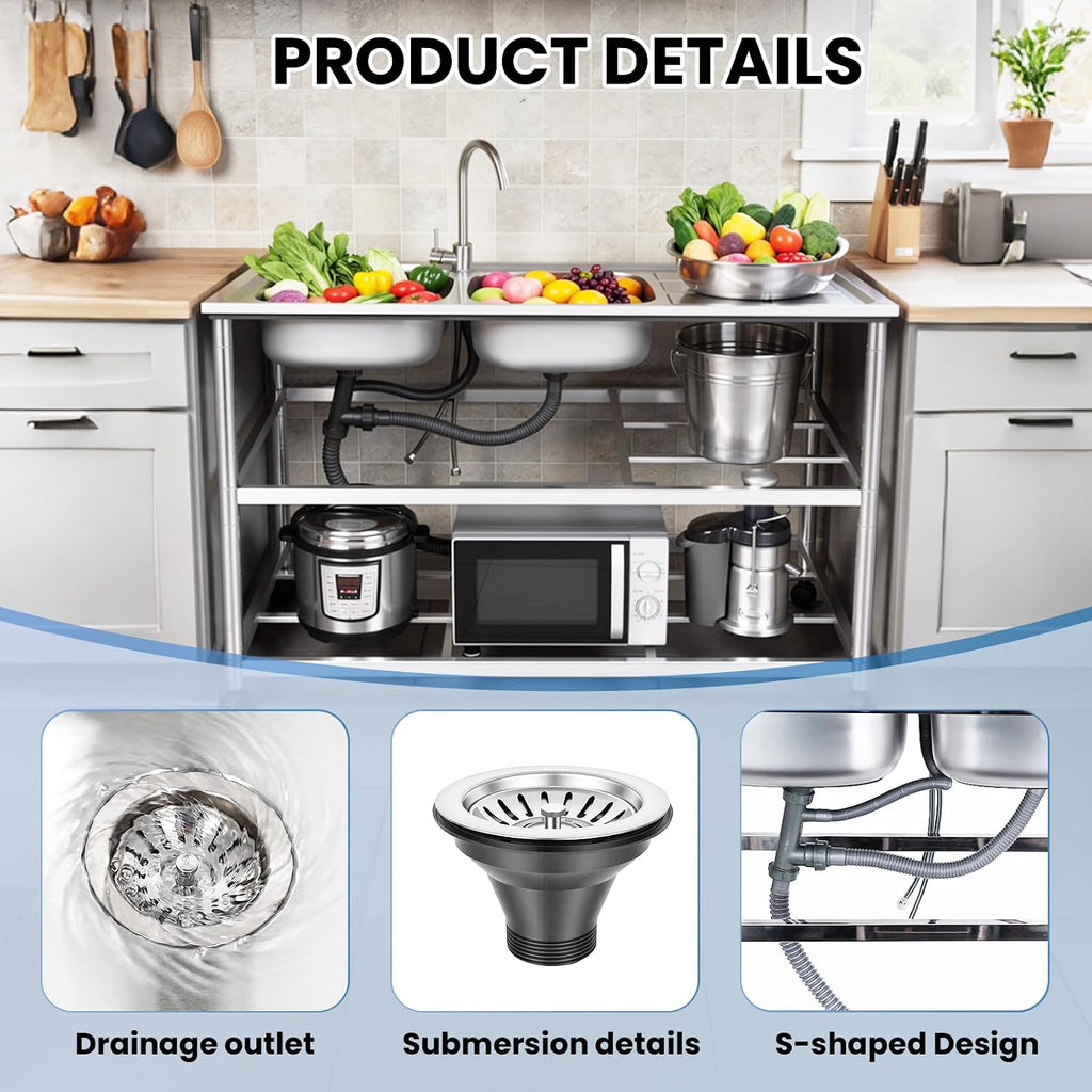 Stainless Steel Commercial Sink with Double Bowls, with 360° Rotation Faucets, Pipe, Workbench, 2-Tier with Storage Shelves Stainless Steel Utility Sink, Freestanding Portable Sink for Home/Restaurant