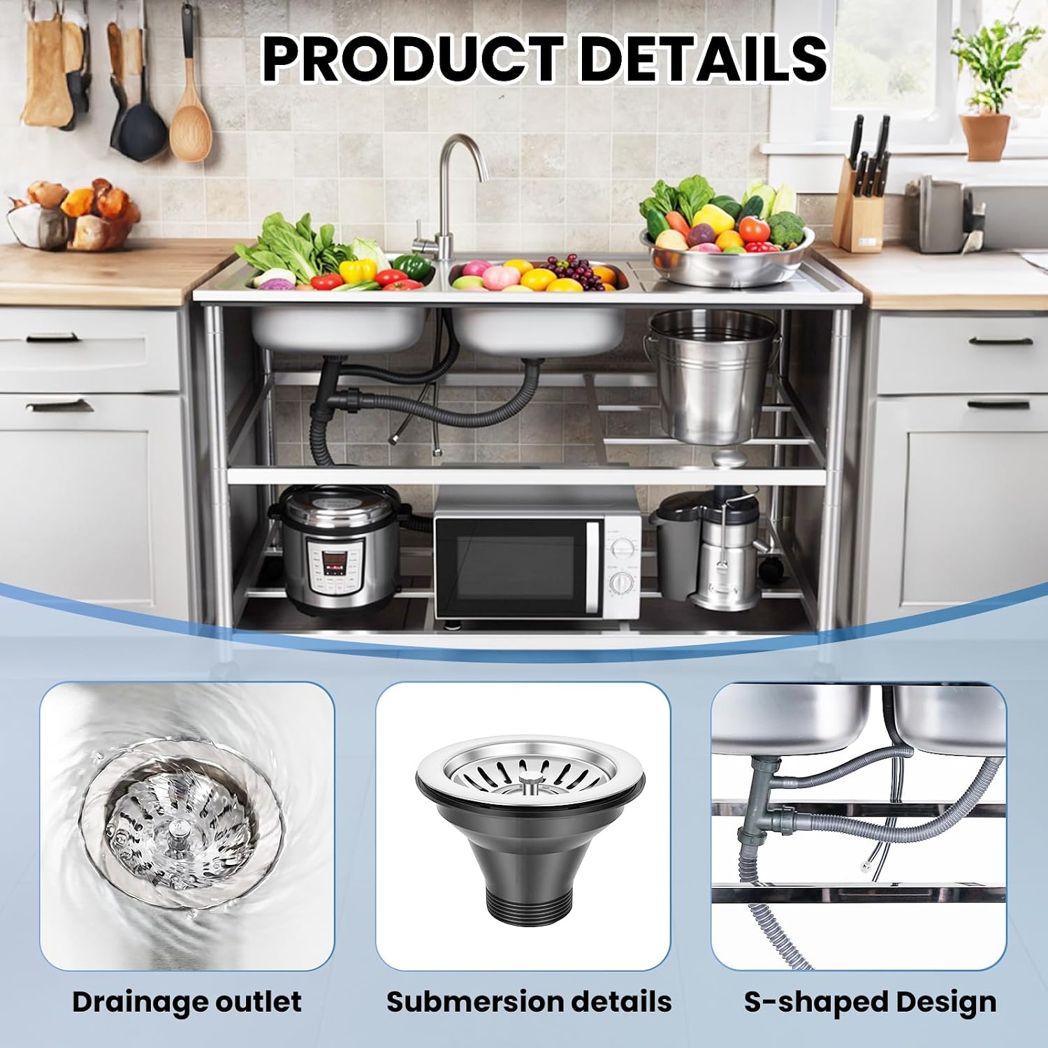 Stainless Steel Commercial Sink with Double Bowls, with 360° Rotation Faucets, Pipe, Workbench, 2-Tier with Storage Shelves Stainless Steel Utility Sink, Freestanding Portable Sink for Home/Restaurant