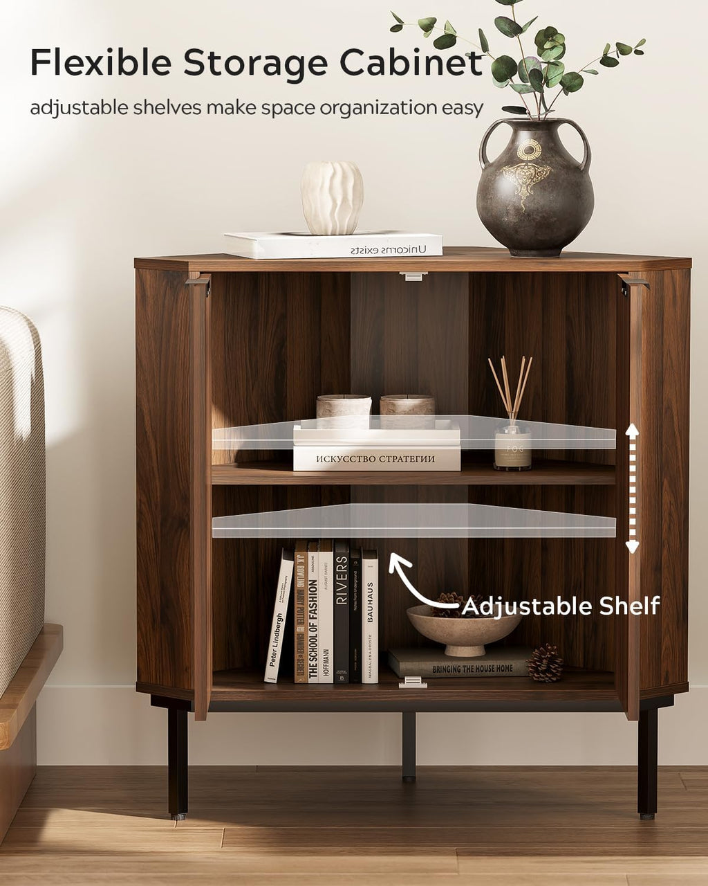 EYYTHUNG Fluted Corner Cabinet, Modern Small Corner Floor Cabinet with 2 Doors and 2-Tier Shelves, Freestanding Narrow Organizer for Living Room Kitchen Bathroom, Brown