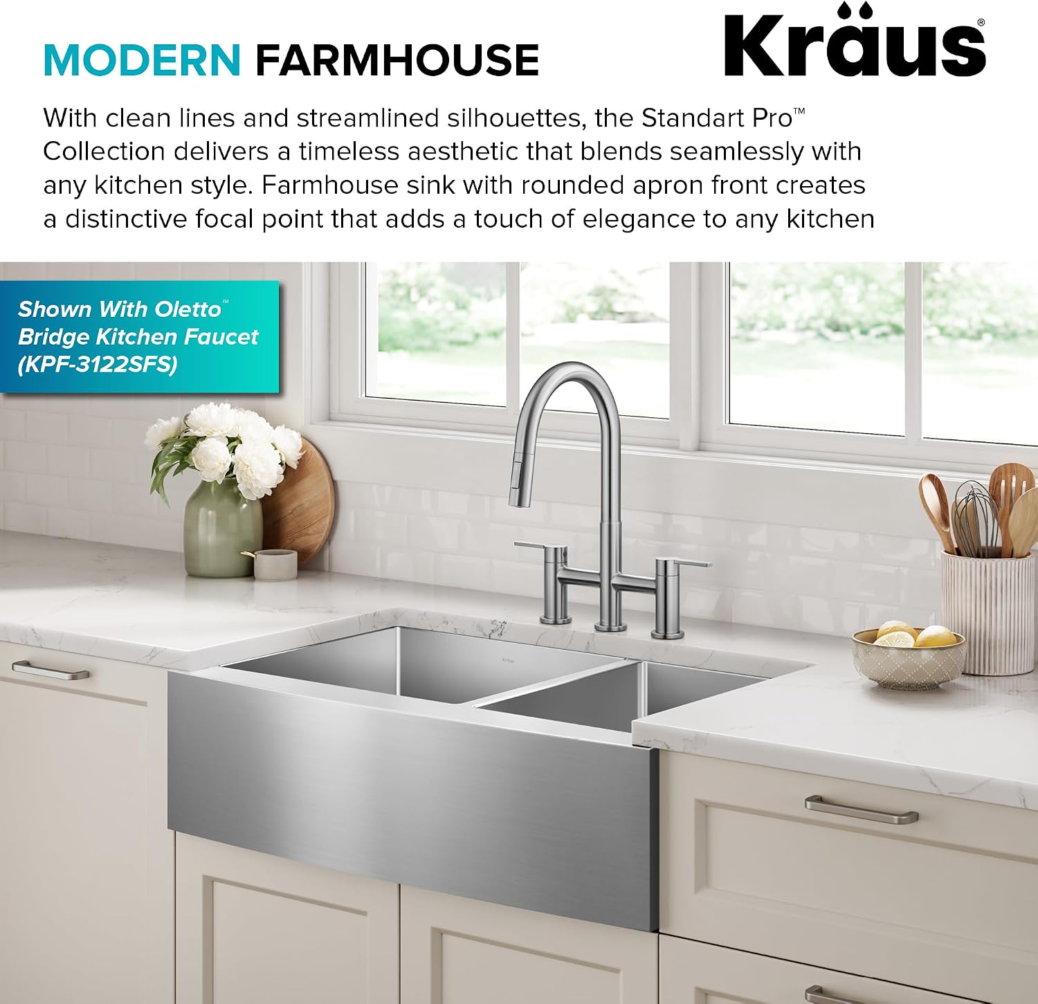 KRAUS Standart Pro 33-Inch Apron Front Farmhouse 16-Gauge 60/40 Double Bowl Stainless Steel Kitchen Sink, KHF203-33