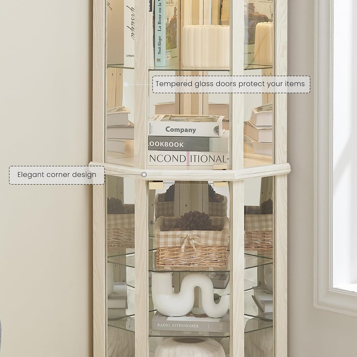 72' H Lighted Corner Curio Cabinet, Wooden Curio Cabinet with Tempered Glass Doors, 6-Tier Shelves Corner Cabinet with Glass, Liquor Display Storage Rack for Living Room(White)