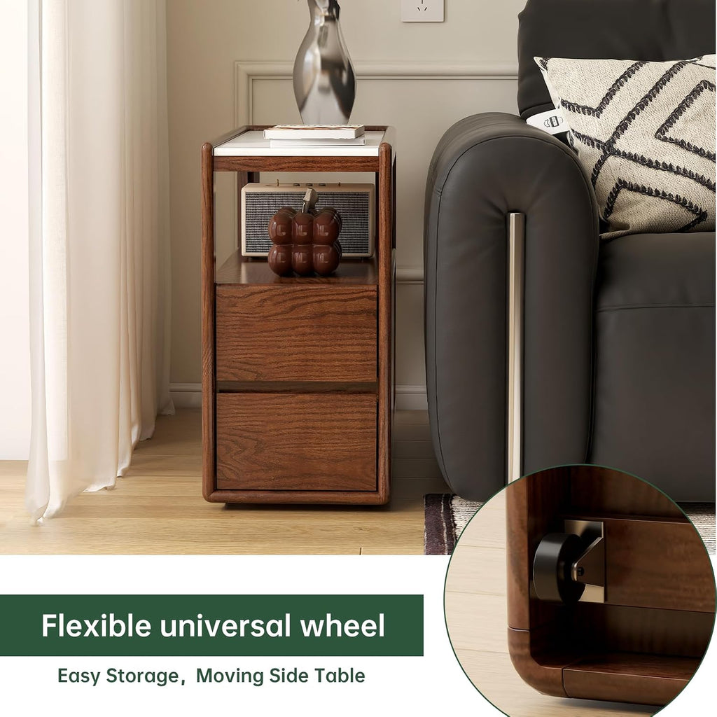 100% Solid Wood Side Table with Storage, Narrow End Table with 2 Drawers, Slim Nightstand and Small Bedside Table with Wheels for Living Room Kitchen Bedroom(Walnut, 15.75' D x 26.77' W x 21.65' H)