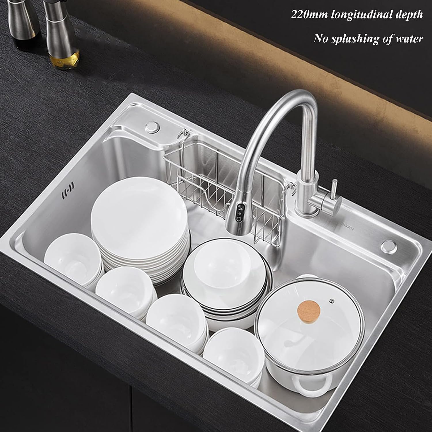 304 Stainless Steel Single Bowl Kitchen Sinks, Rectangular Handmade Large Kitchen Sink with Faucet Combo and Hanging Basket, 3 Holes Available, Silver,68 * (