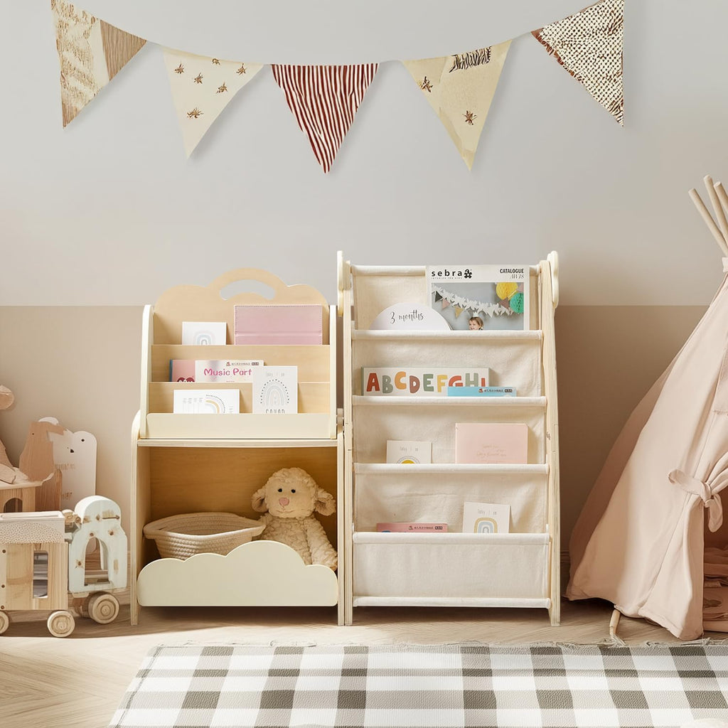 Kids Bookshelf with Storage, 3-Piece Modular Wooden Bookcase Organizer for Nursery, Bedroom, Playroom, Easy Assembly, Corner Shelf for Books & Toys, Natural Wood Design (A)