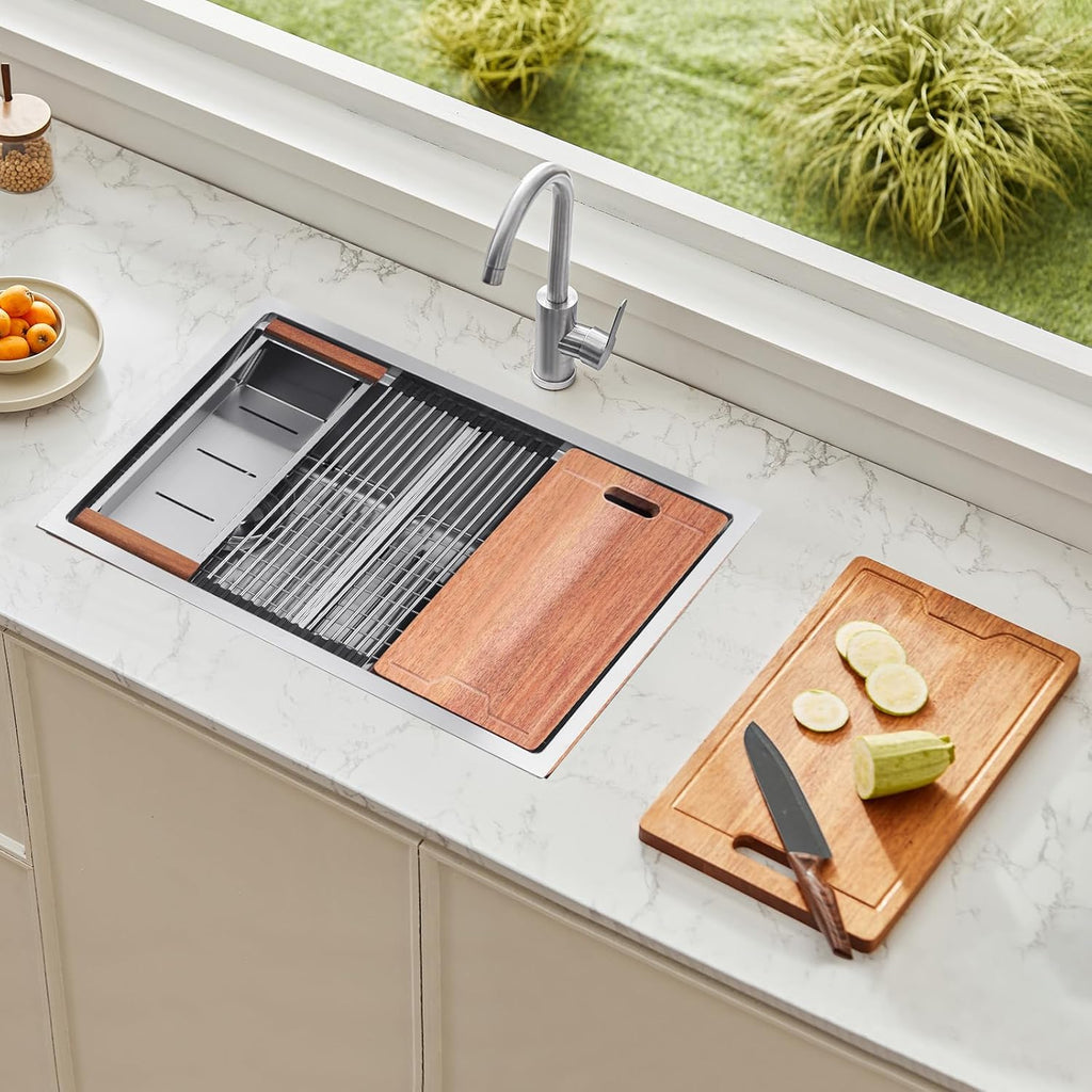 VEVOR 33 inch Kitchen Double Sink, 304 Stainless Steel Undermount Sink Drop-In Single Bowl Farmhouse Basin with Ledge & Multiple Accessories, Household Dishwasher Sinks for Prep Kitchen, Bar 33'*19'