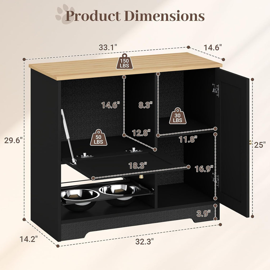 Rovibek Dog Feeding Station with with 2 Elevated Dog Bowls, Dog Food Storage Cabinet with with Storage and Hooks, Hidden Pet Feeder Station Wood for Cats and Dogs, Black