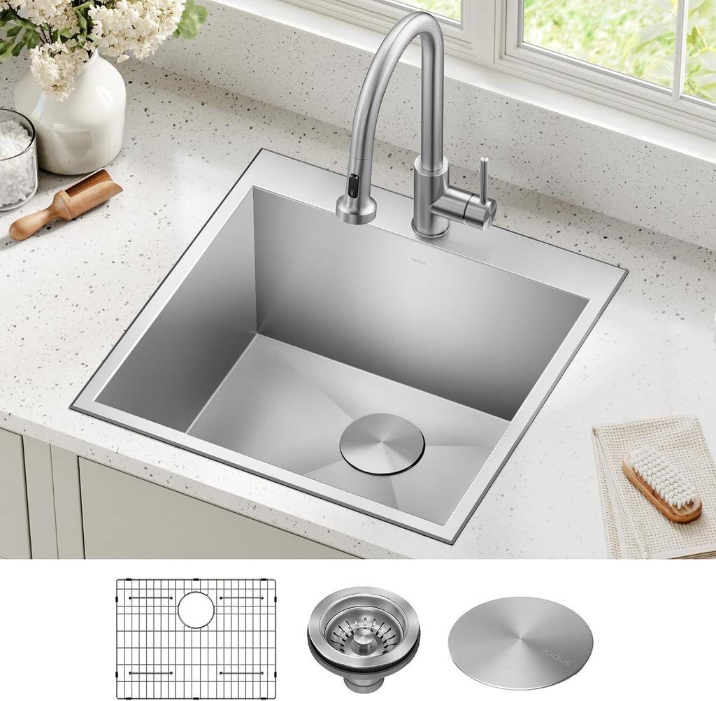 KRAUS Standart PRO 22-inch Drop-In Top Mount 16 Gauge Stainless Steel Single Bowl Laundry Utility Sink, KHT301-22L