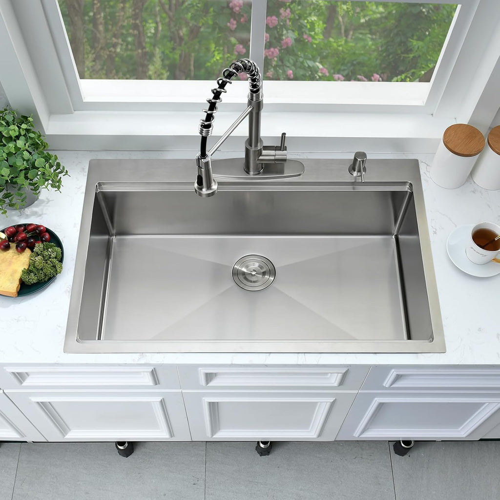 33x19 Drop In Kitchen Sink Workstation-Bokaiya 33 Inch Stainless Steel Top Mount Kitchen Sink 16 Gauge Single Bowl Drop In Sink with Cutting Board
