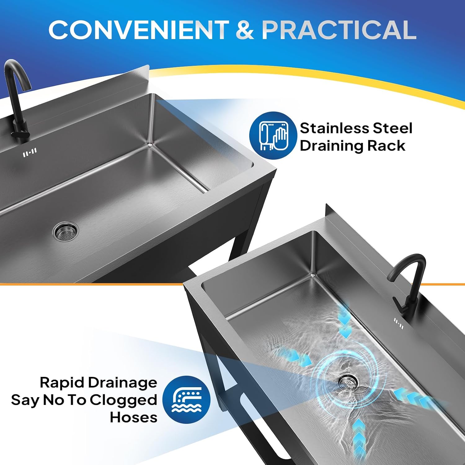 ROVSUN Black Electroplated Stainless Steel Utility Sink with Towel Rack and Storage Shelf, 23.2'D x 41.7'W x 38.9'H, Freestanding Laundry & Prep Sink for Home, Restaurant, Garage, and Outdoor Use
