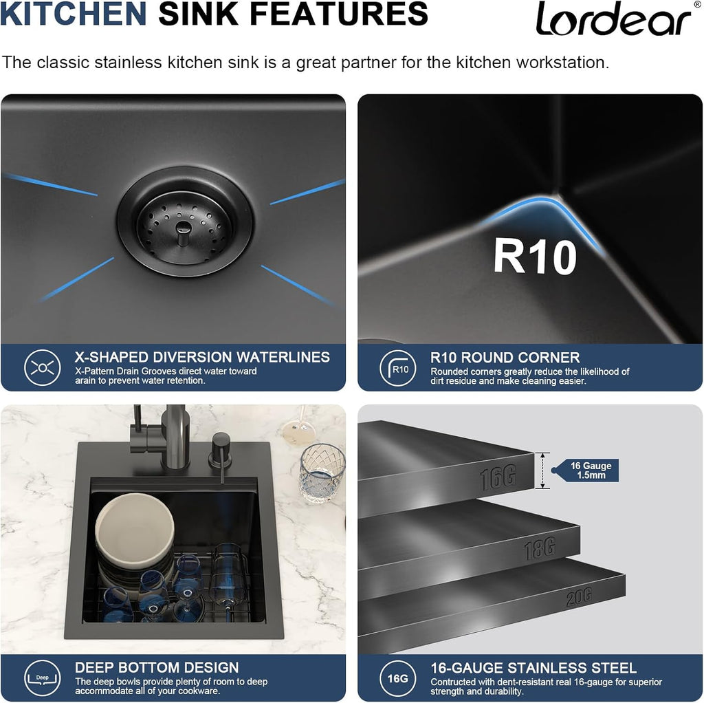 Lordear 13'x15' Bar Sink with Faucet - Drop In Bar Sink Workstation 16 Gauge 304 Stainless Steel Single Bowl Top Mount Wet Bar RV Prep Outdoor Kitchen Sink 13x15x9 Inch