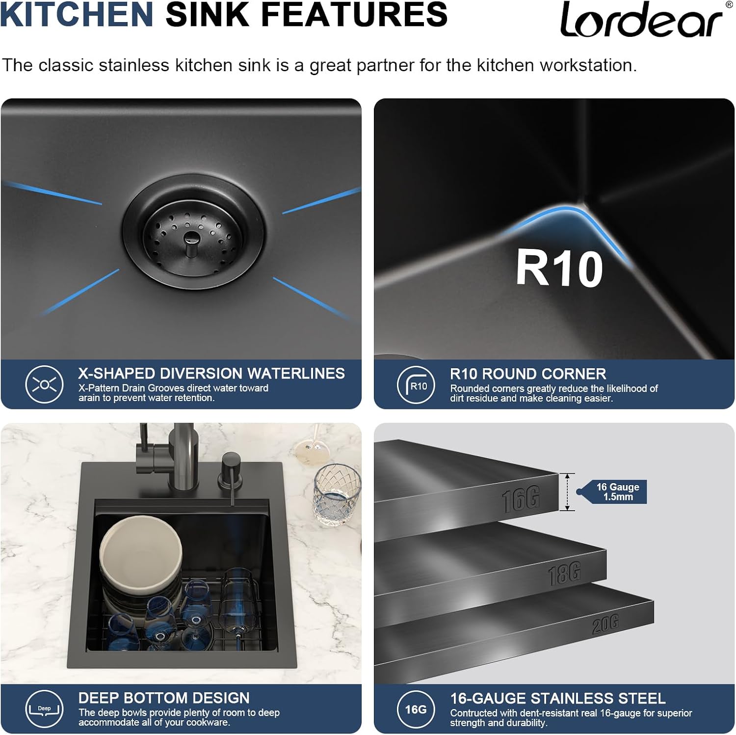 Lordear 13'x15' Bar Sink with Faucet - Drop In Bar Sink Workstation 16 Gauge 304 Stainless Steel Single Bowl Top Mount Wet Bar RV Prep Outdoor Kitchen Sink 13x15x9 Inch