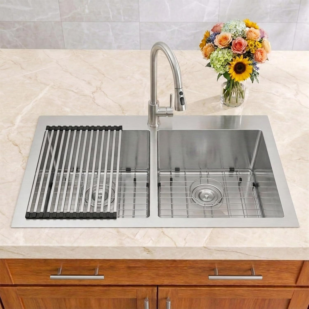 33 X 22 inch Drop in Kitchen Sinks Double Bowl,16 Gauge Stainless Steel 50/50 Double Sink,Top Mount/Drop In Double Kitchen Sink 33 inch