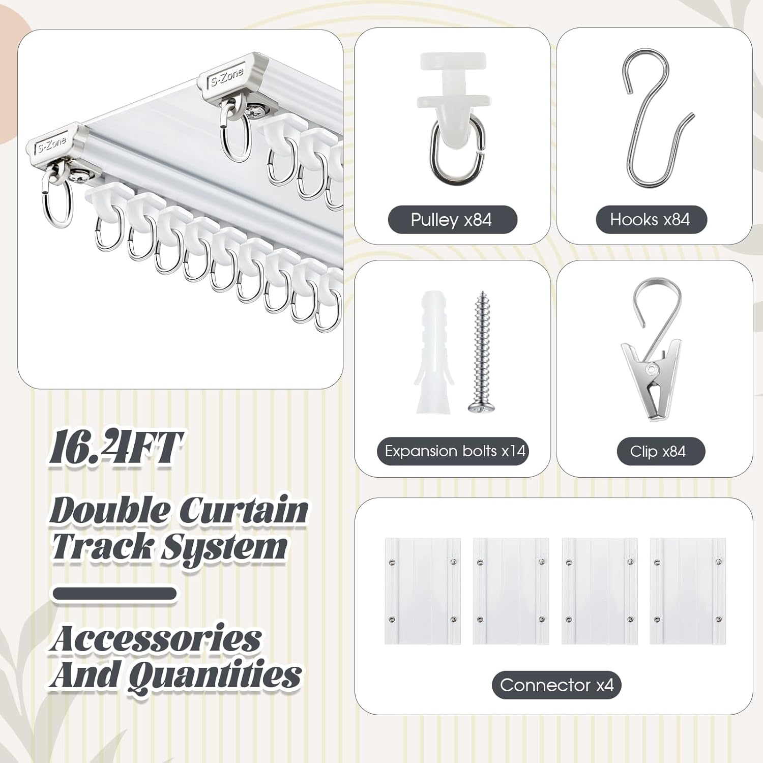 Juexica Ceiling Curtain Double Track Set 3ft-16.4ft/5 Meter White Double Curtain Track Ceiling Mount Heavy Duty Room Divider Adjustable Length Rails with Clips Hooks End Hook
