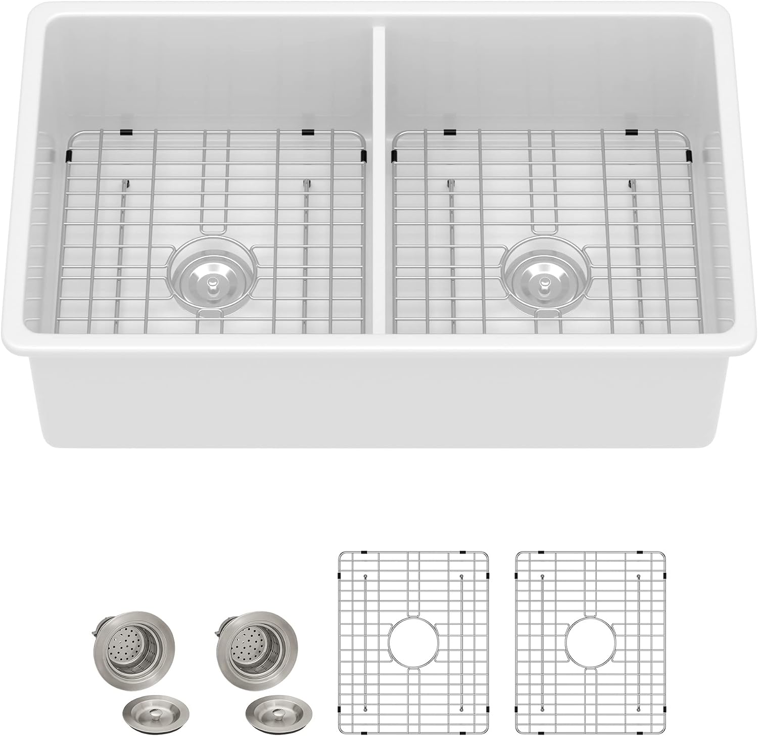 32'x19' White Undermount Kitchen Sink Double Bowl - White Ceramic Porcelain Fireclay Dual Mount Double Bowl 50/50 Drop In Top Mount & Under Counter Sink Basin