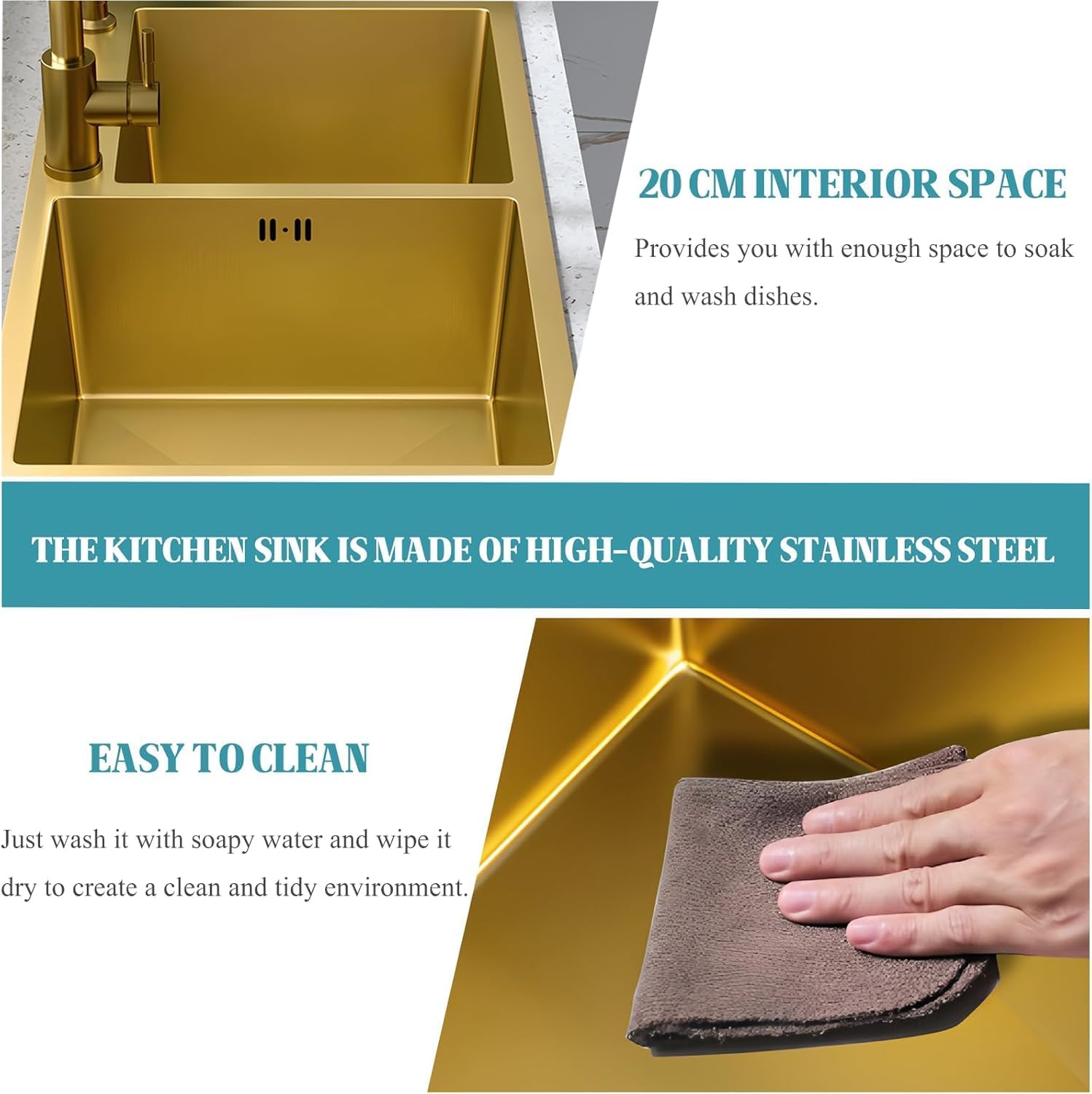 Gold Double Bowl Kitchen Sink, Stainless Steel Nano-Coated, Double Basin Sink, Drop-in Undermount with Gold Sink Stopper Drain Strainer 82 * 45cm