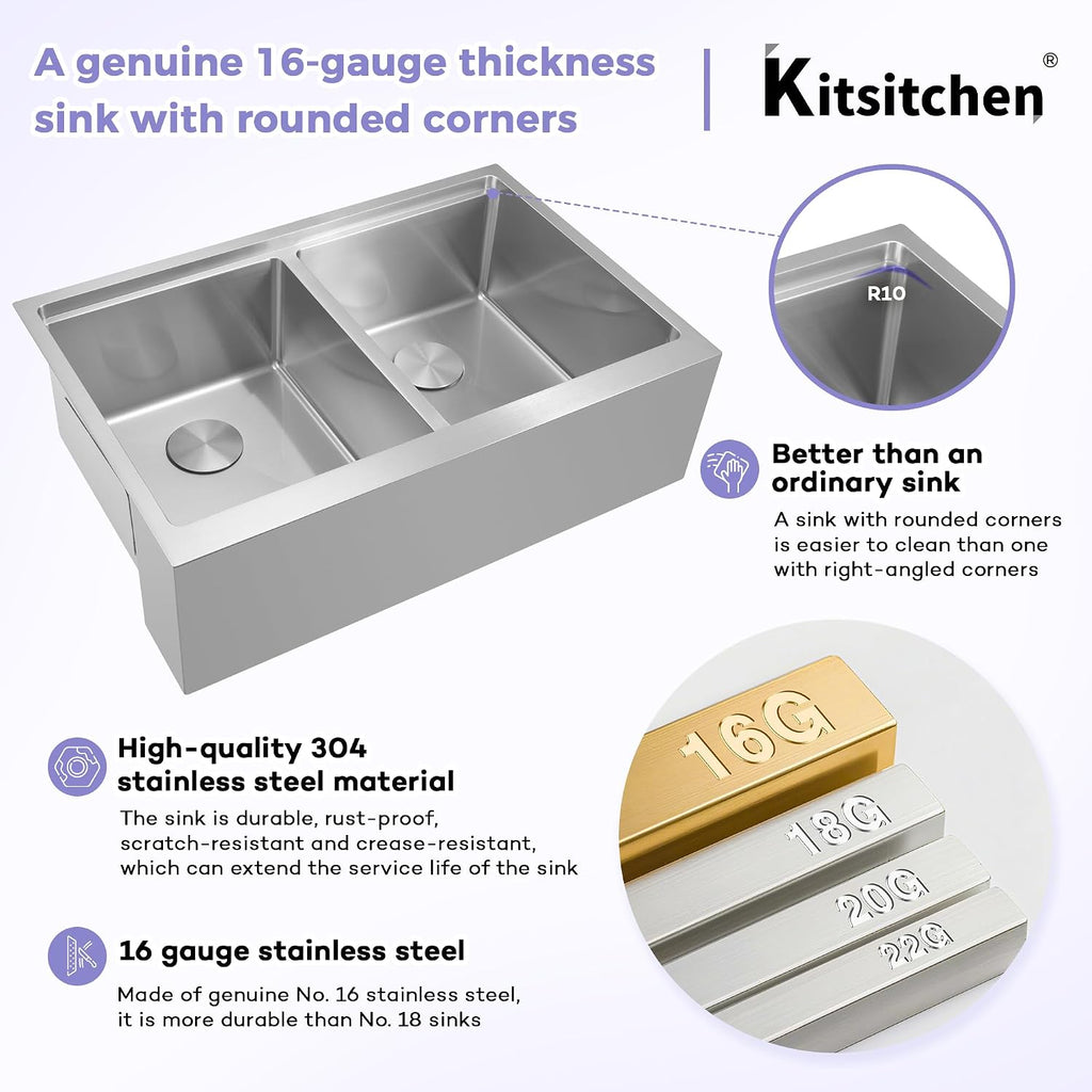 Kitsitchen Double Bowl Farmhouse Kitchen Sink, 16 Gauge 304S Stainless Steel Farm Sinks, 30' x 22' x 10' Large and Deep Workstation Sinks with Accessories,50/50 Double Bowl Feature