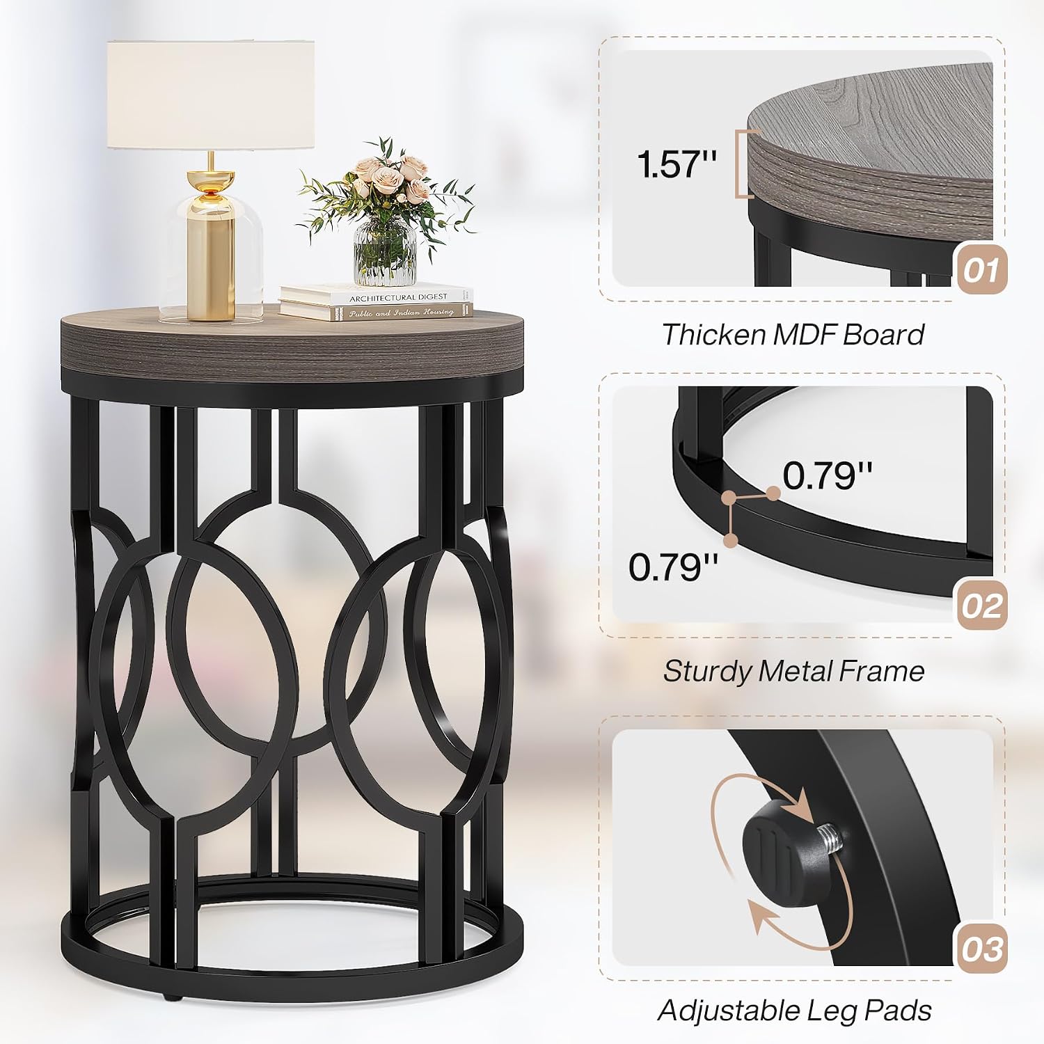Tribesigns Round End Table, Industrial Side Table with Metal Hollow Frame, Small Bedside Table Nightstand for Living Room, Bedroom, Easy Assembly (Grey,1PC)