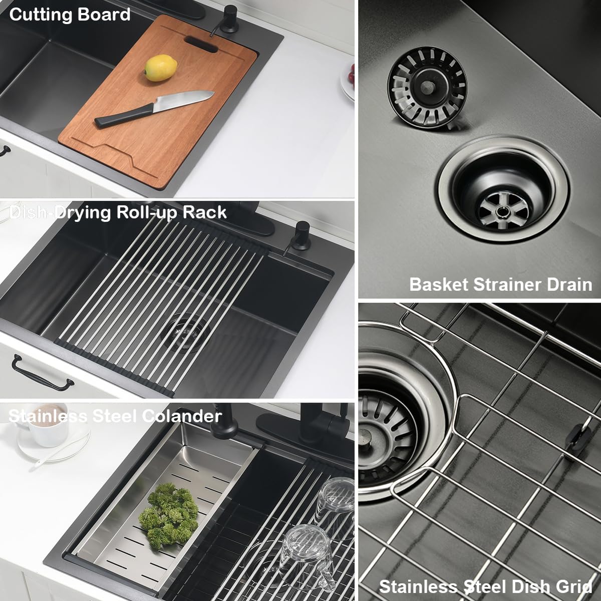 26 inch Black Drop in Kitchen Sink - VOKIM 26'x 19' Inch Drop in sink Workstation 16 Gauge Single Bowl top mount Sink With Cutting Board& colander