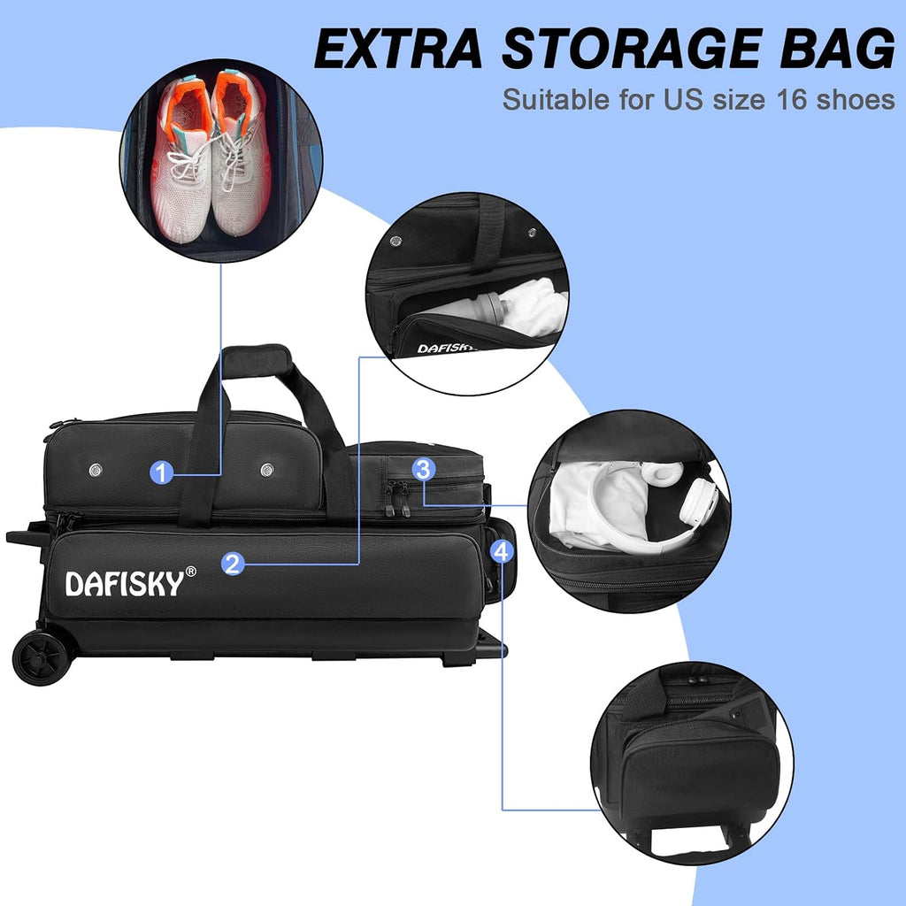 DAFISKY 3 Ball Bowling Bags with Wheels, Roller Bowling Bag with Multiple Pockets Retractable Handle Extends to 38''