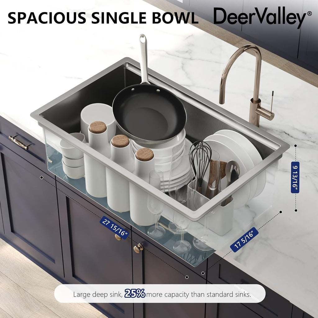 DeerValley Workstation Kitchen Sink 30 Inch, 18 Gauge Stainless Steel Single Bowl Sink, Handmade with Built-In Accessories, Ledge Design & Cutting Board
