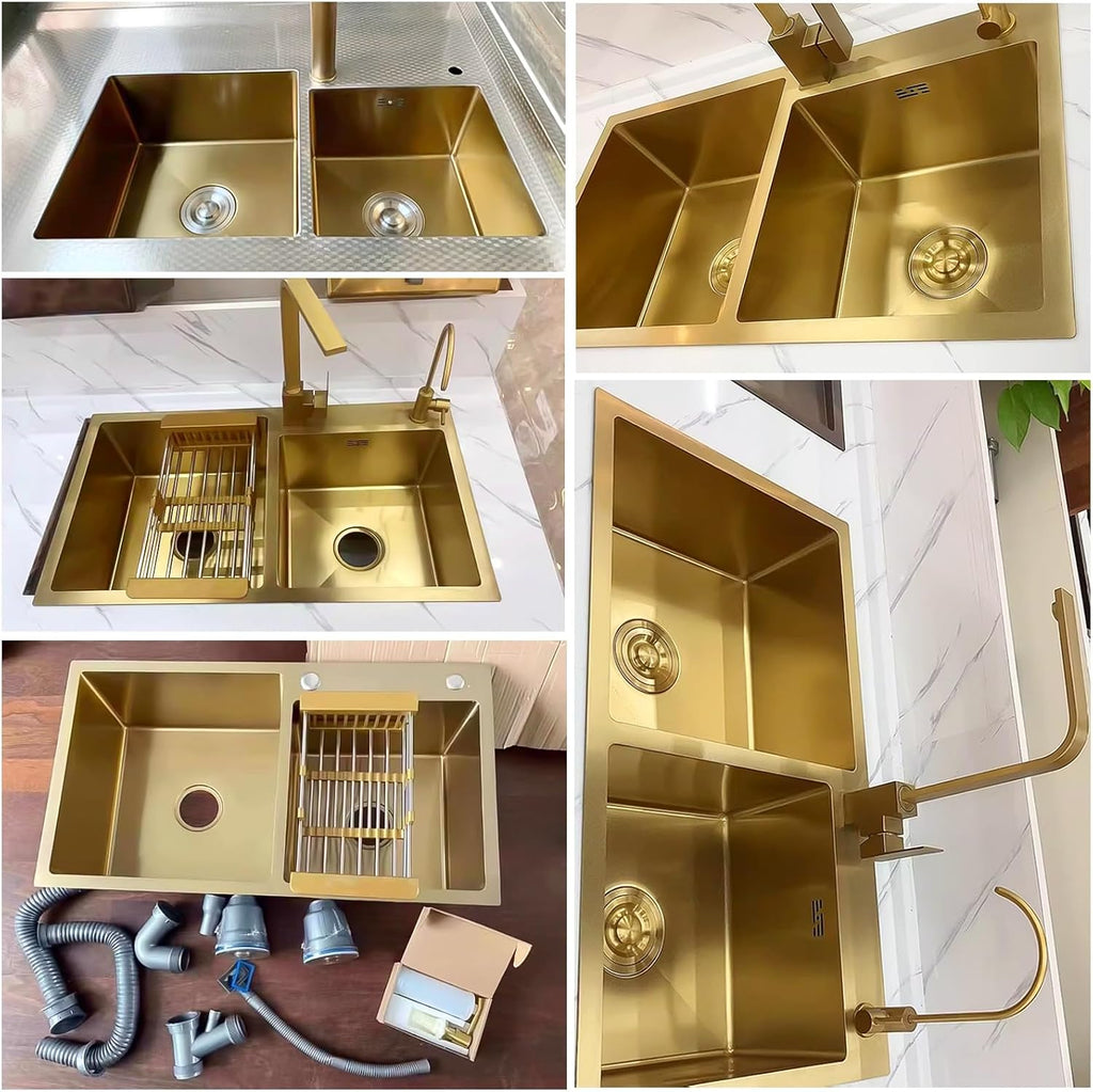 Stainless Steel Double Bowl Kitchen Sink, Drop-In Workstation Sink, With Retractable Drain Basket, Drain Sets Included, Large Undermount Farmhouse Sink, Top-Mount Kitchen Bar Sink(B,80x45x22cm)