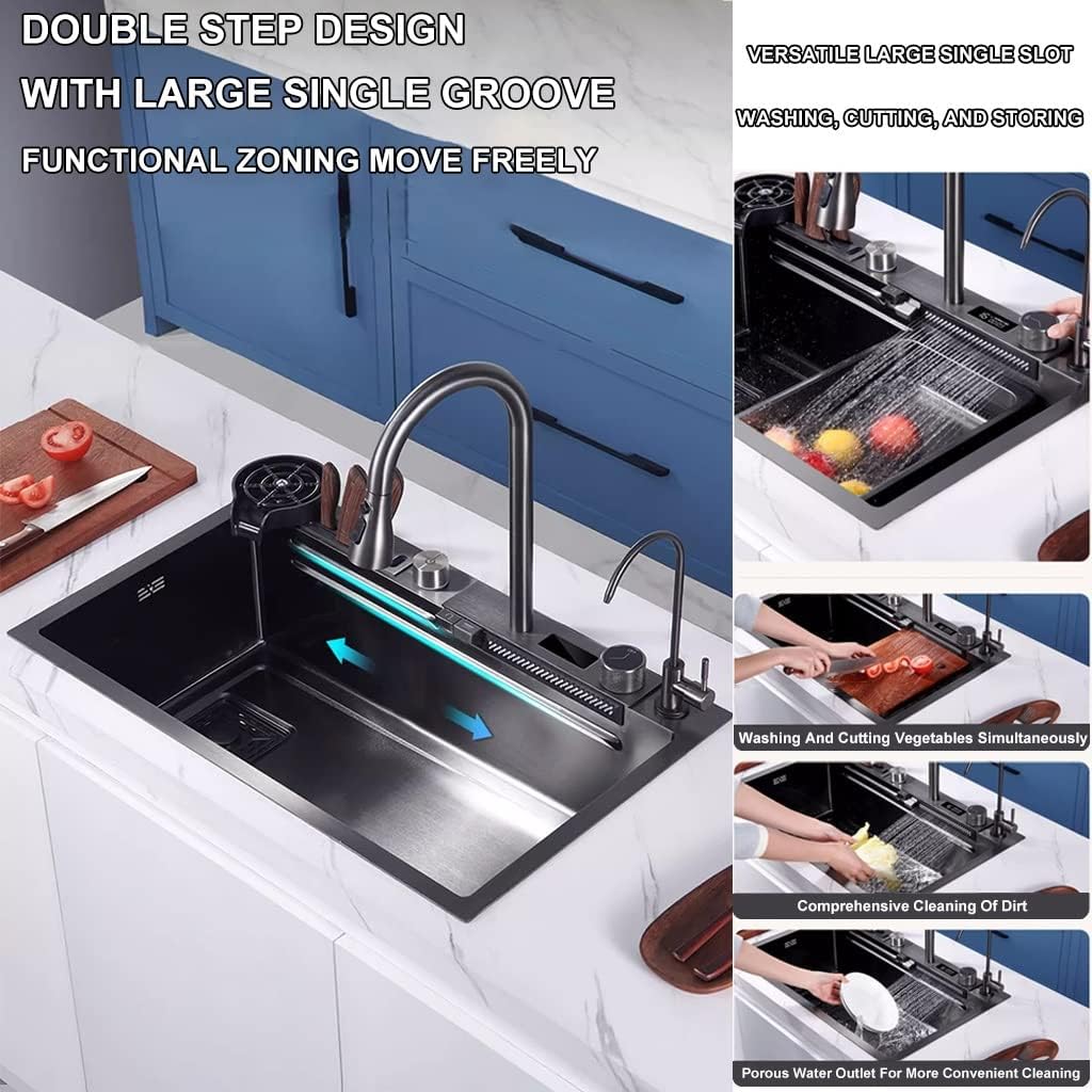 Stainless Steel Single-Bowl Kitchen Workstation Sink Multi-functional Farmhouse Sink Waterfall Pull-Down Faucet And Complete Accessory Set (Color : Black, Size : 75x46x22cm) (Black 80x46x22cm)