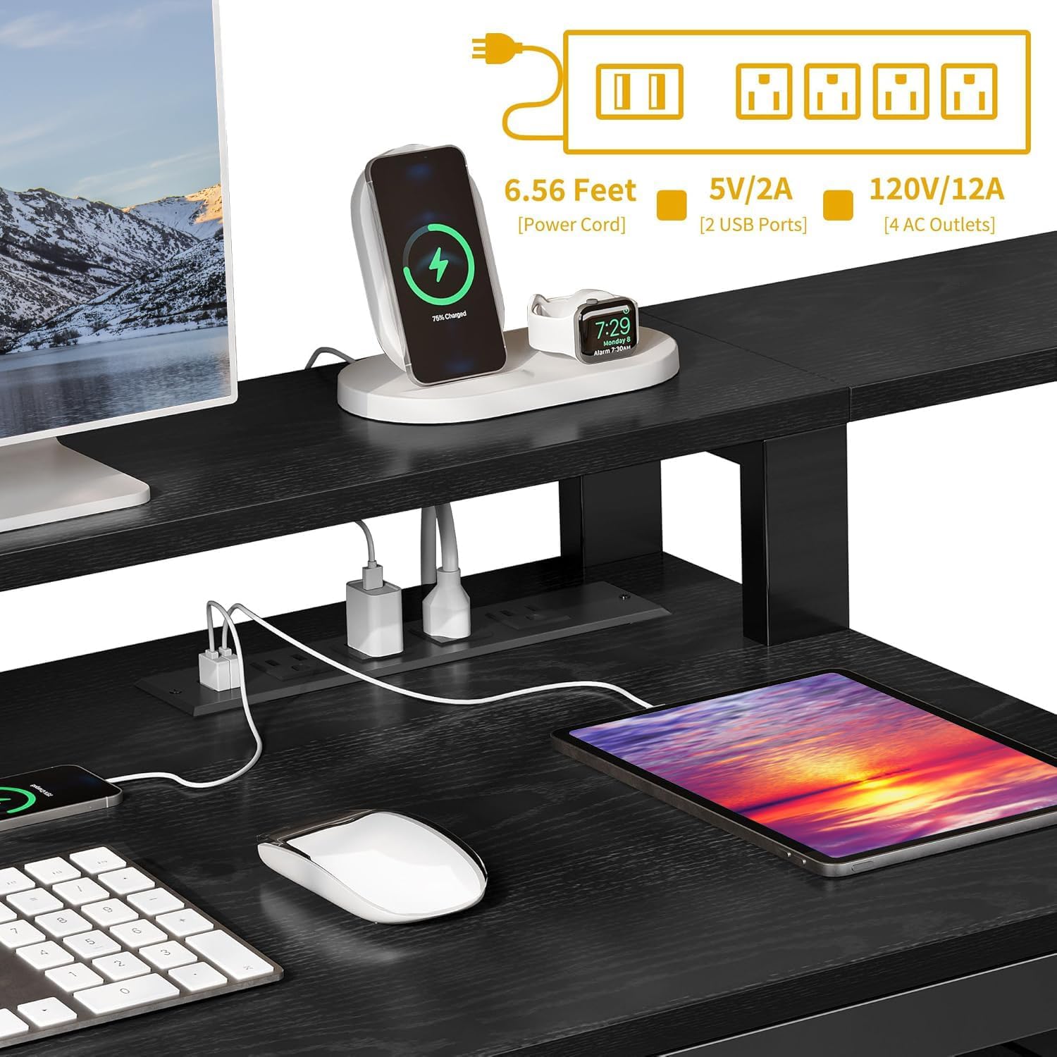 DWVO L Shaped Desk with Drawers, 65' Computer Desk with Power Outlets & LED Lights, Corner Home Office Desk with Storage Shelves & Printer Stand, Black