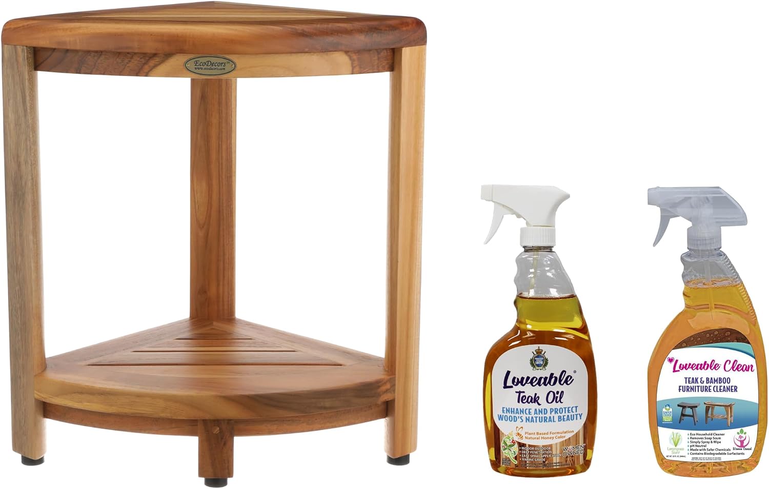 EcoDecors Fully Assembled SnazzyCorner® 18' Teak Shower Bench, Corner Shower Stool, w Shelf, Plus Loveable Teak Oil Spray Bottle 24 oz, Loveable Teak Cleaner 32 oz, Space Saver Corner be