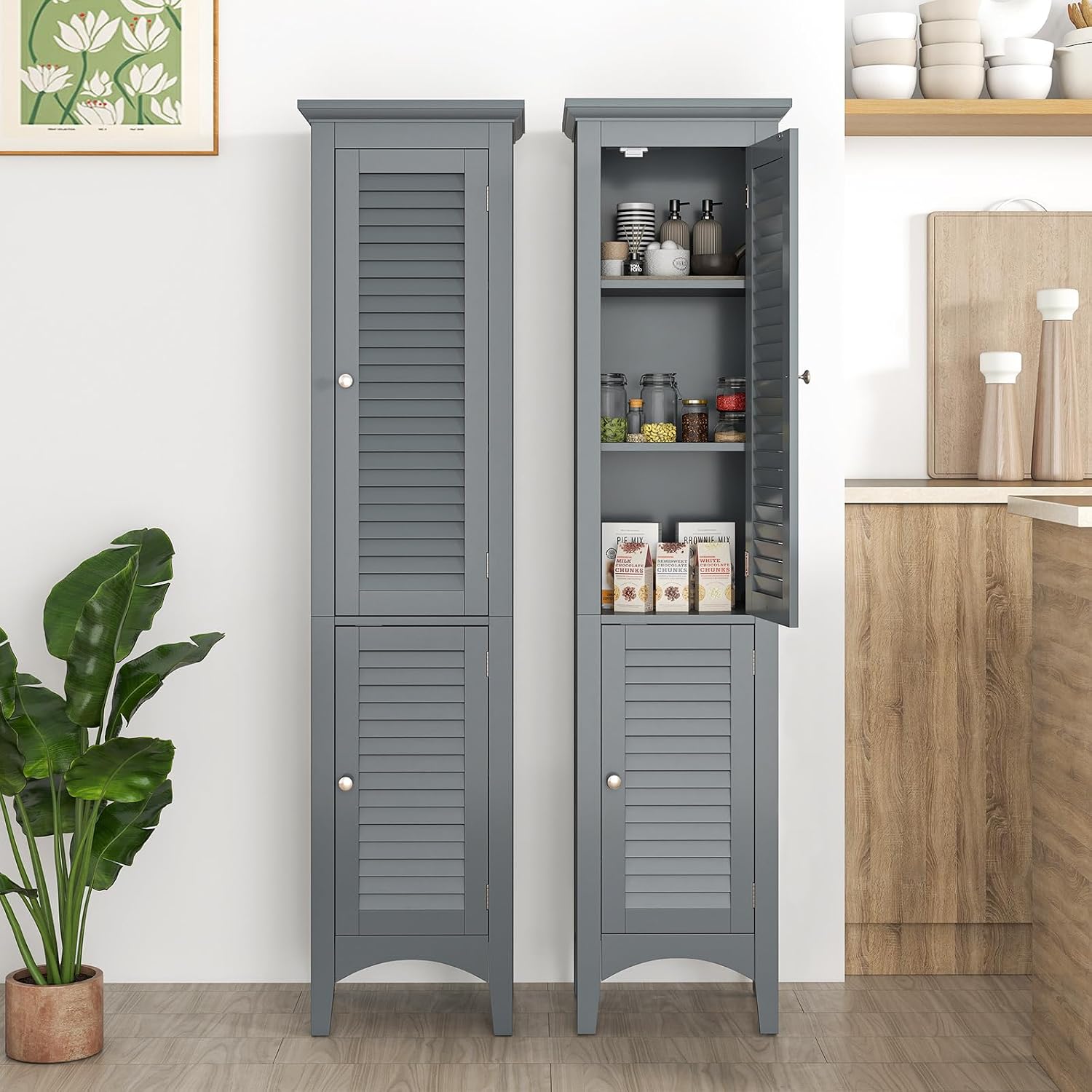 Tangkula 63' Tall Bathroom Storage Cabinet, Freestanding Narrow Linen Tower with Adjustable Shelf, Modern Slim Floor Cabinet with 2 Doors for Bathroom, Living Room, Kitchen (Grey)