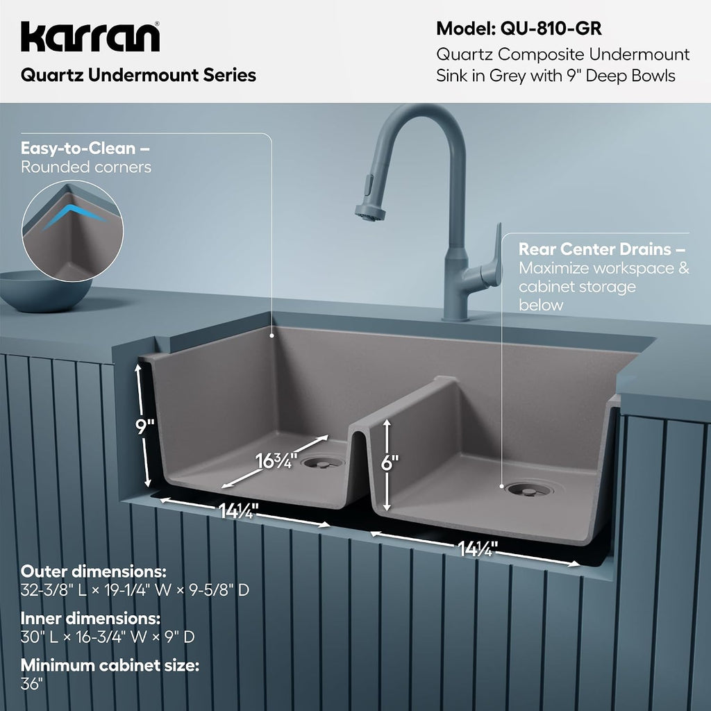 Karran 32' Grey Quartz Composite Undermount Double Bowl Kitchen Sink with Low Divider – 50/50 Equal Bowl, 80% Natural Quartz, 535°F Heat Resistant, Sound Dampening, QU-810