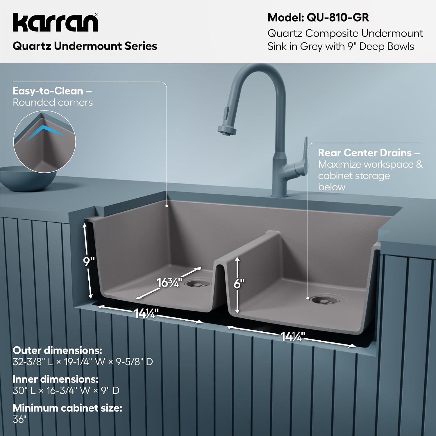 Karran 32' Grey Quartz Composite Undermount Double Bowl Kitchen Sink with Low Divider – 50/50 Equal Bowl, 80% Natural Quartz, 535°F Heat Resistant, Sound Dampening, QU-810