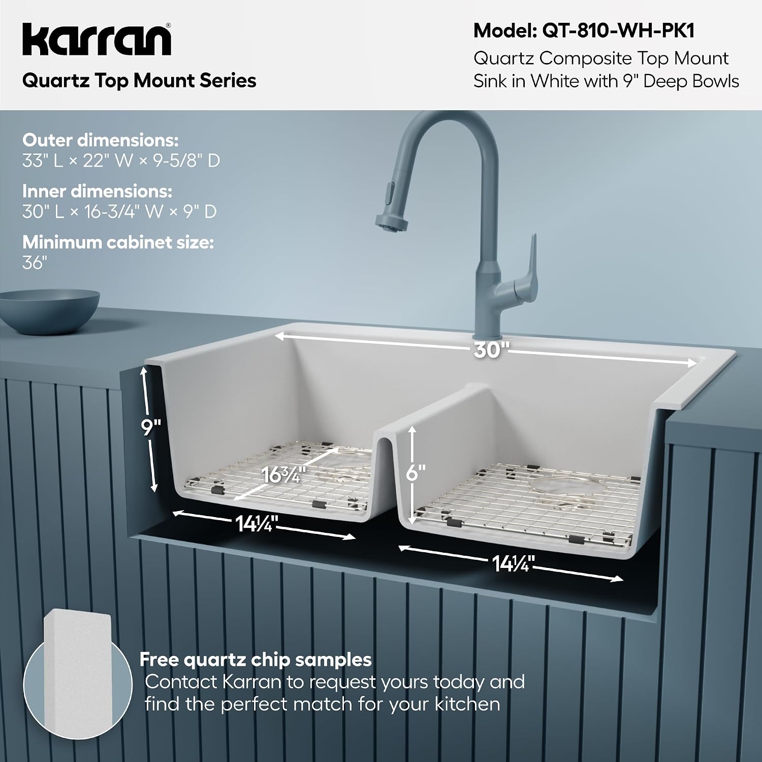 Karran QT-810 33' Top Mount Double Equal Bowl Quartz Kitchen Sink Kit in White