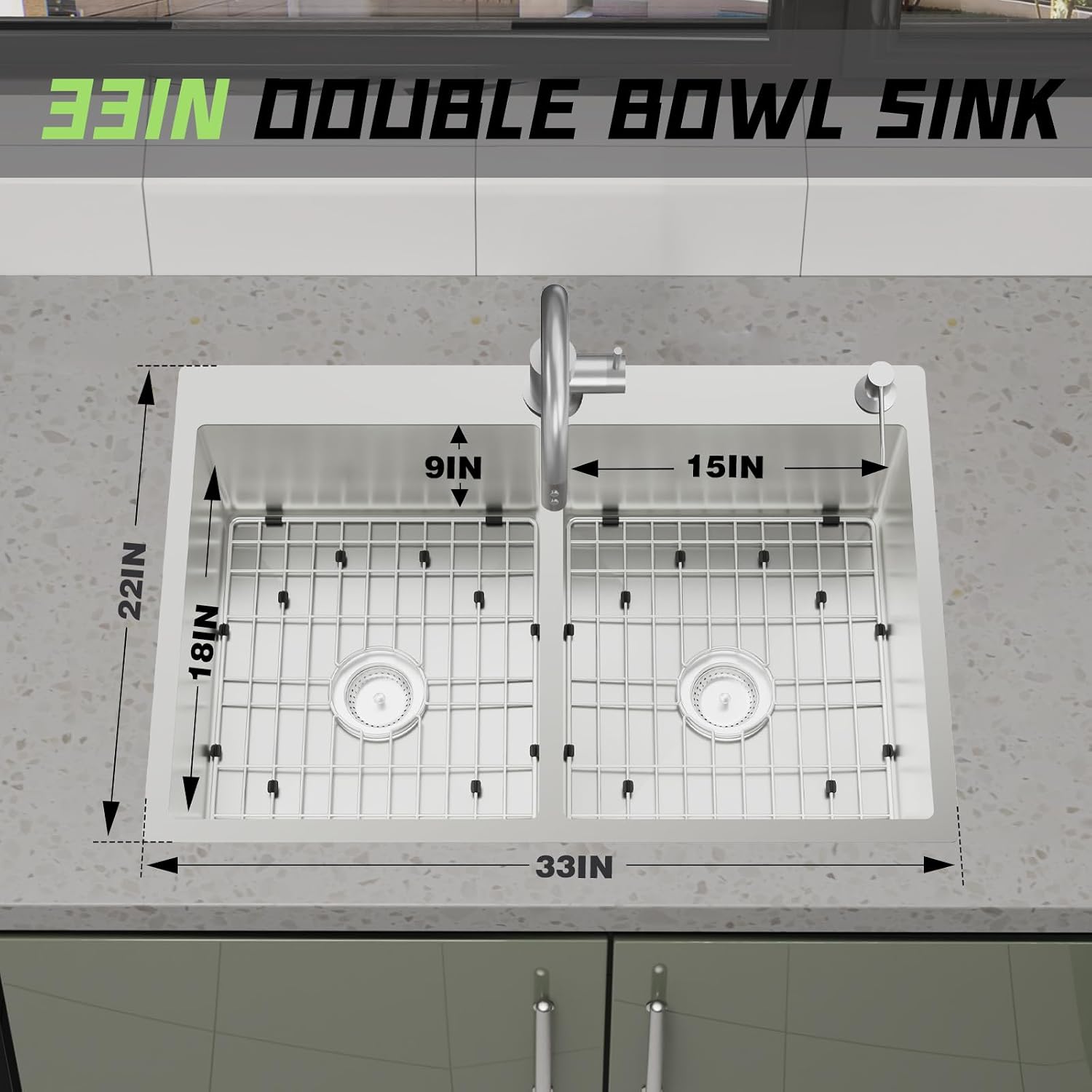 Stainless Steel 50/50 Double Bowl 33x22x9 Inch Drop In Kitchen Sink - Topmount Modern Style, Combo-Sink Grid, Silicon Mat, Drain Assembly