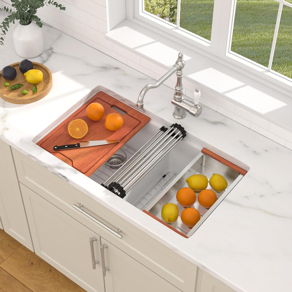 Dcolora 33 Inch Granite Compoisite Kitchen Sink White Undermount Kitchen Sink 50/50 Double Bowl Workstation Elegant Under Counter basin 33'×19'×10'，#DC-GX3327