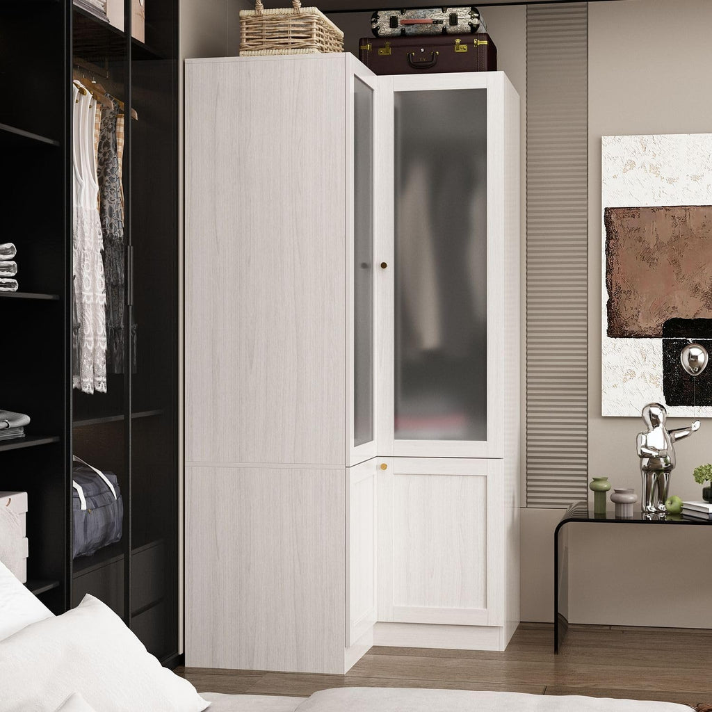 MOUMON Corner Wardrobe, L-Shaped Modern Bedroom Armoires with Frosted Glass Doors and Hanging Rod, Corner Armoire Wardrobe Closet, Wood Grain 35.4' W x 35.4' D x 70.9' H